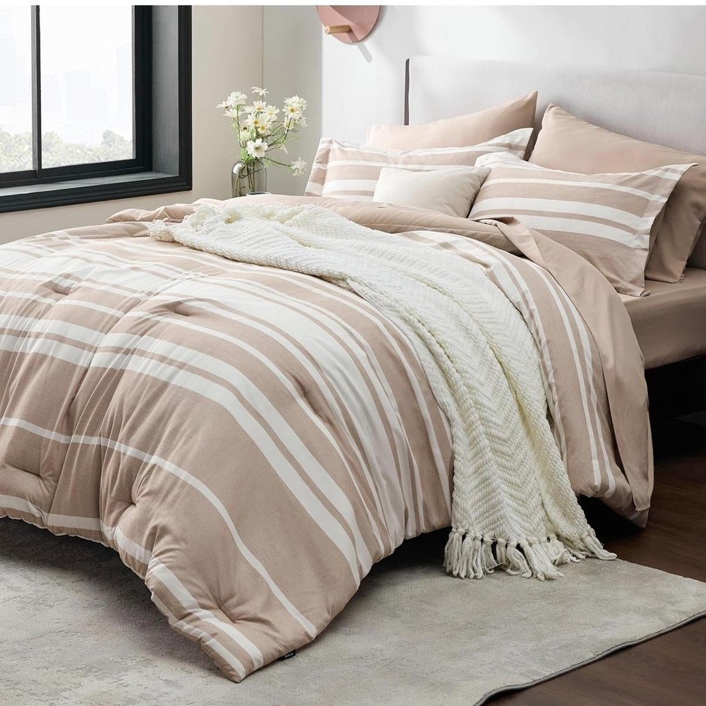 Bedsure King Bed In A Bag 7 Piece Comforter Set Khaki White Striped Reversible